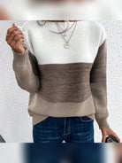 pull femme col rond color block en marron