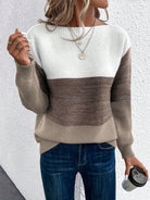 pull femme col rond color block en marron