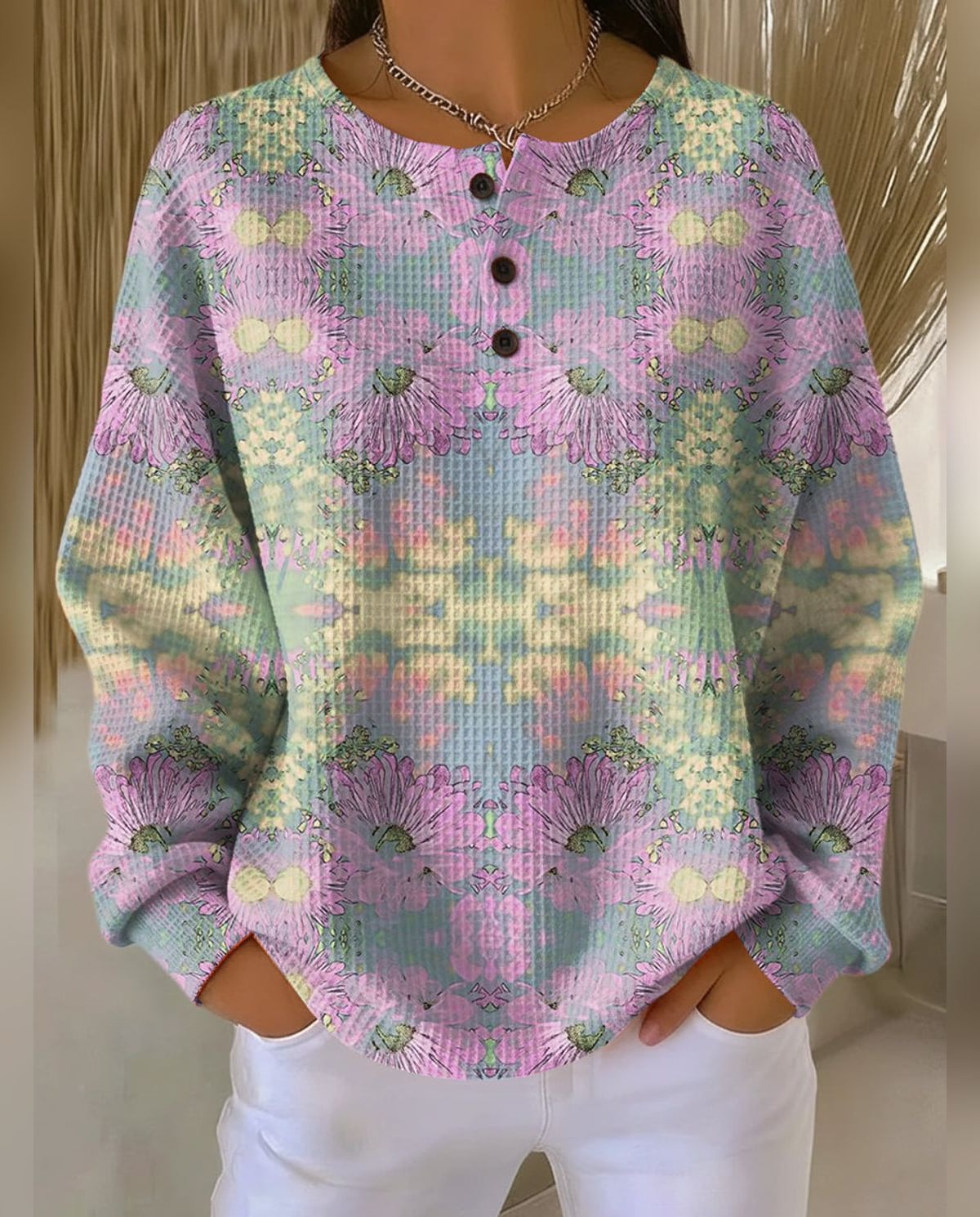 pull femme col rond imprimé floral manches longues en rose