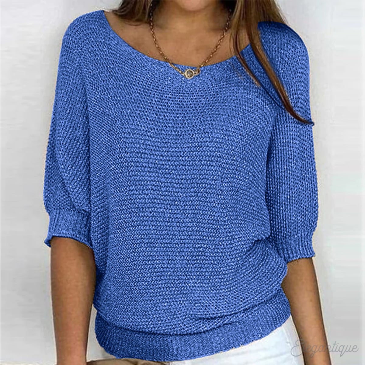 pull femme col rond manches chauve-souris en bleu