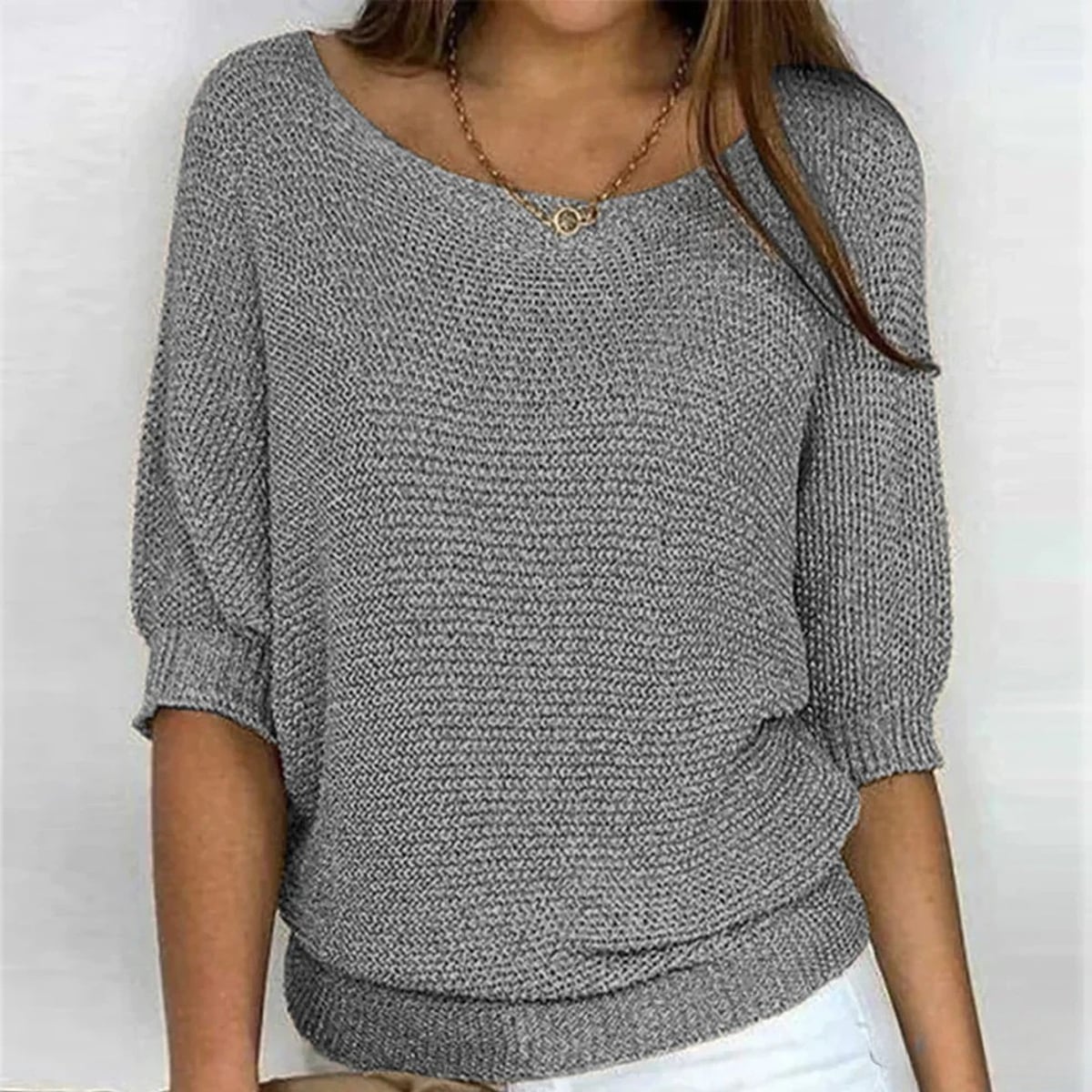 pull femme col rond manches courtes oversize en gris