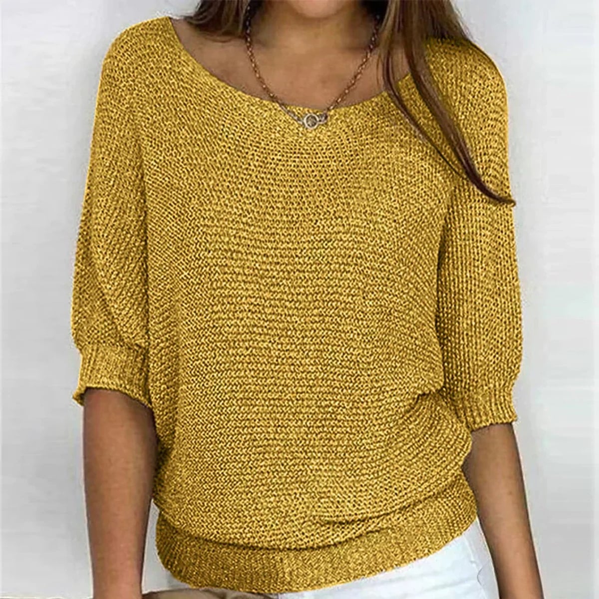 pull femme col rond manches courtes oversize en jaune