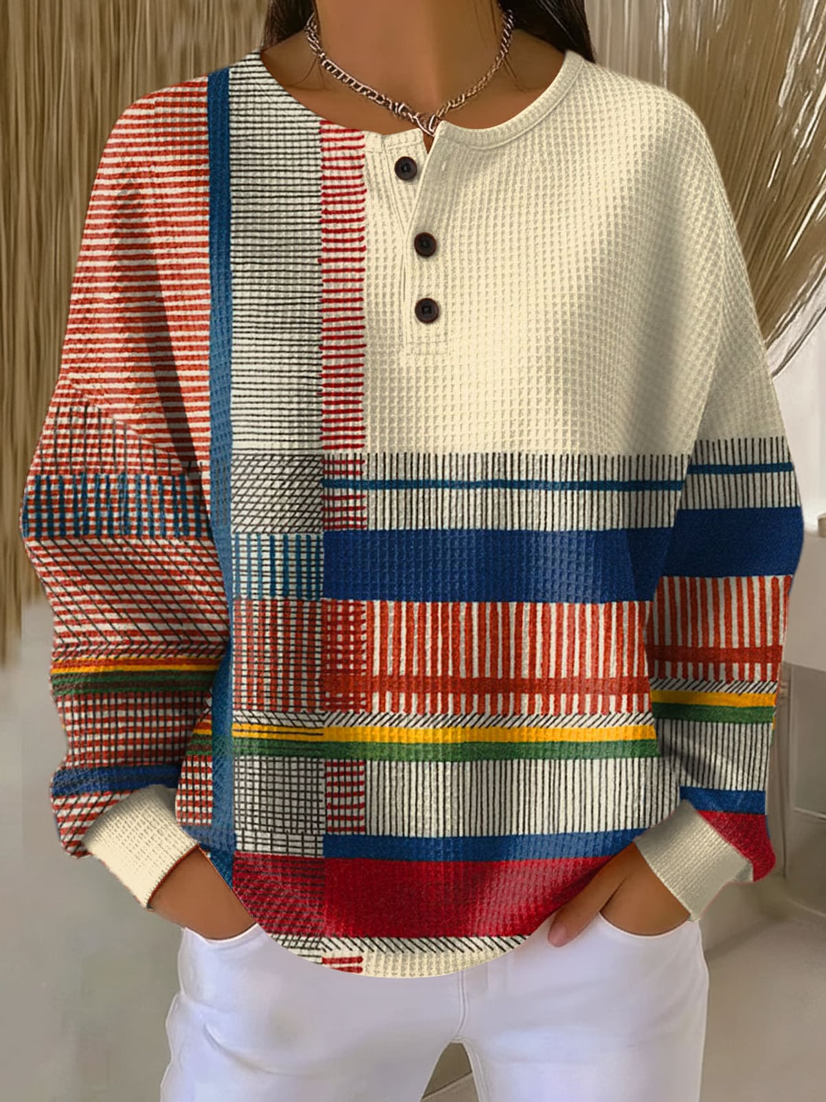 pull femme col rond oversize waffle en style 6