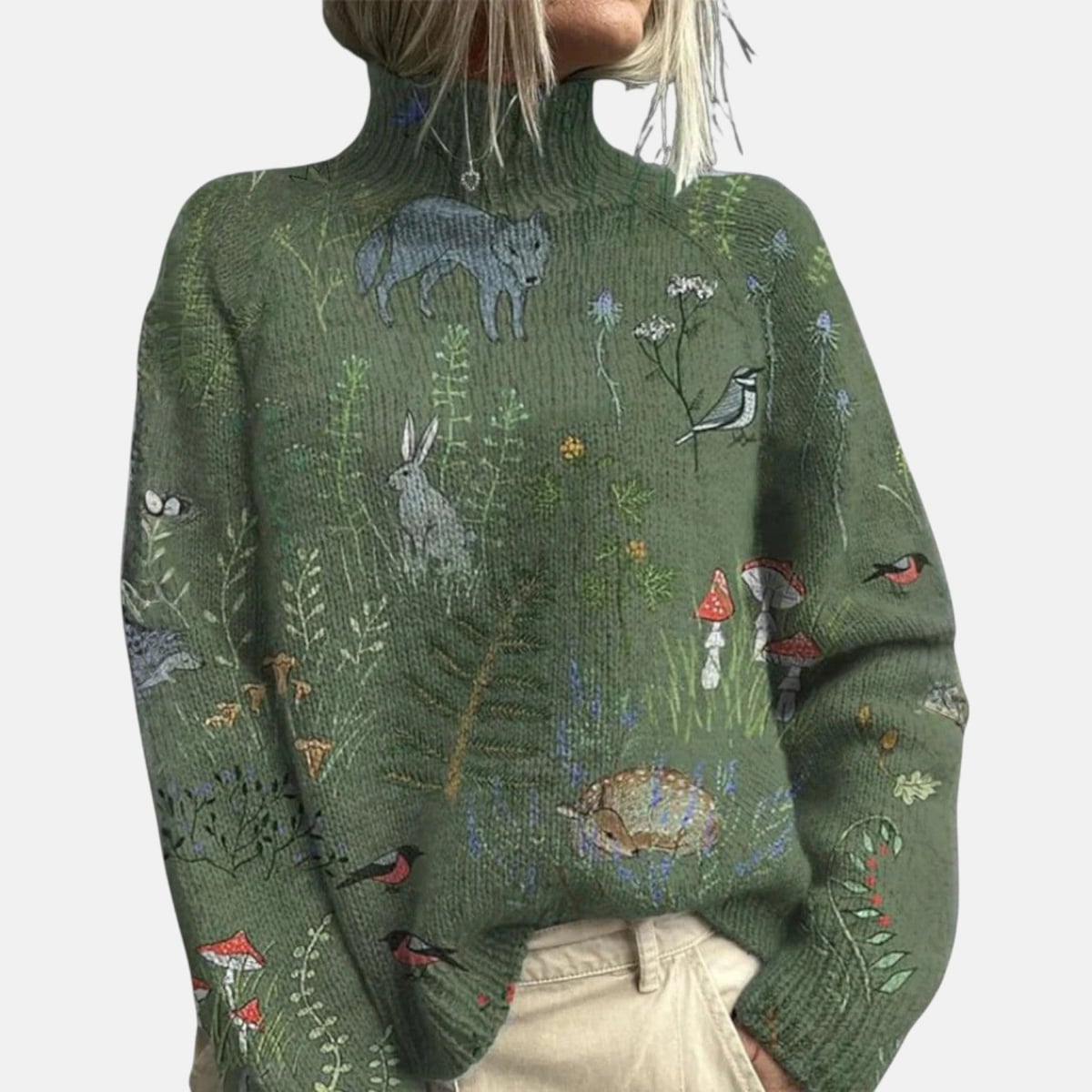 pull femme col roulé imprimé en vert