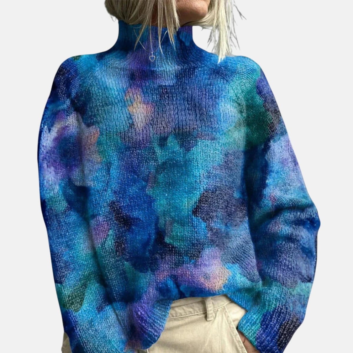 pull femme col roulé imprimé en bleu