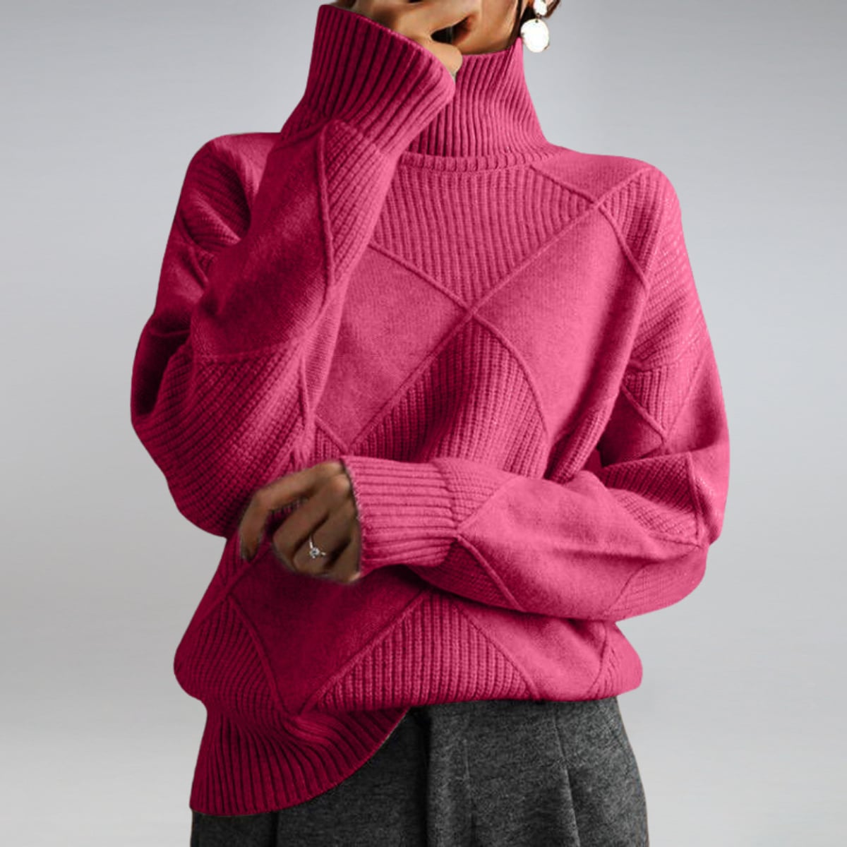 pull femme col roulé jacquard losanges oversize en rose