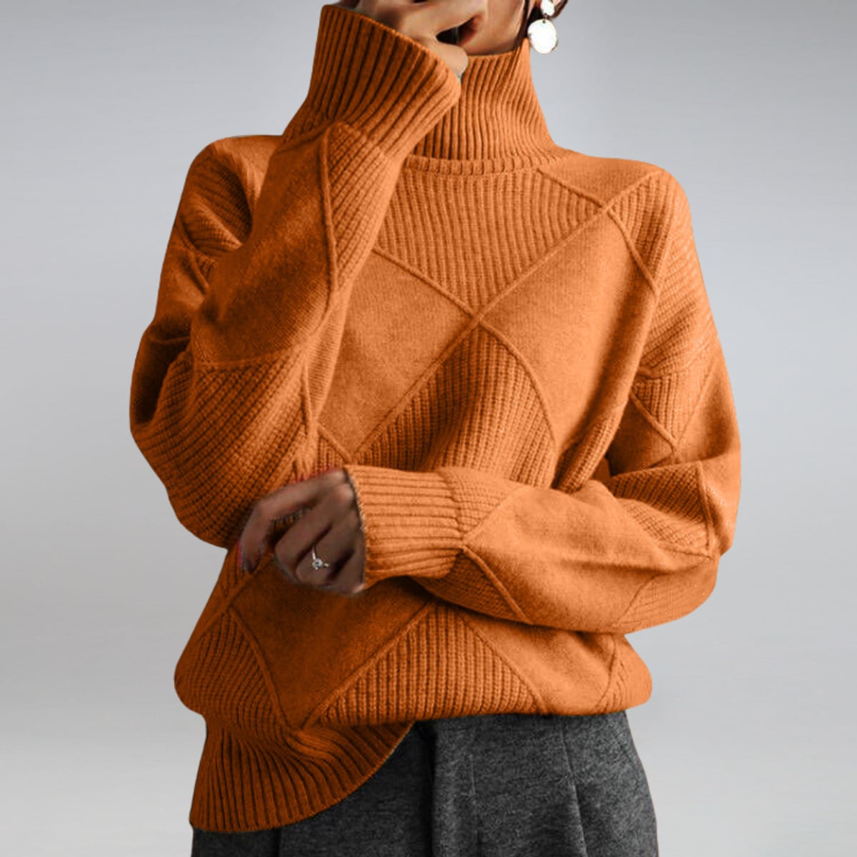 pull femme col roulé jacquard losanges oversize en orange