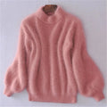 pull femme col roulé manches bouffantes en rose