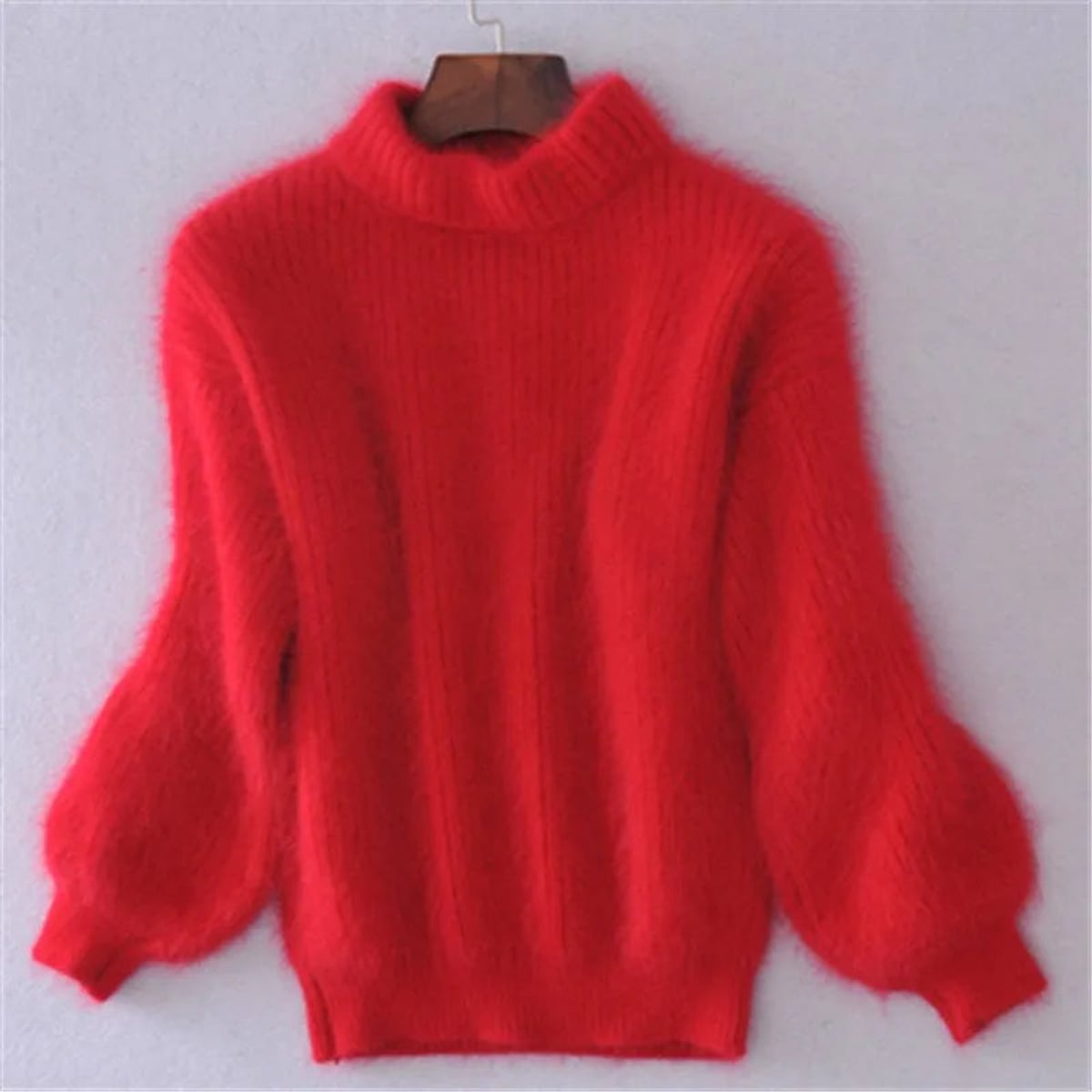 pull femme col roulé manches bouffantes en rouge