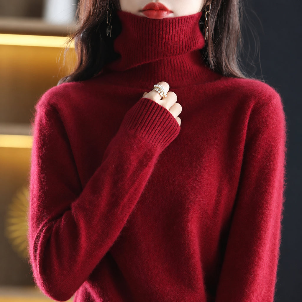 pull femme col roulé manches longues en bordeaux