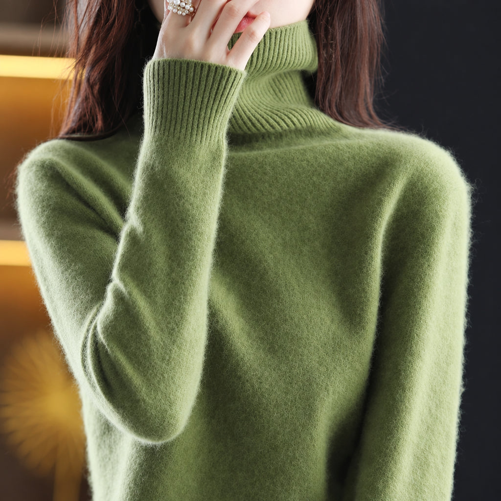 pull femme col roulé manches longues en vert militaire
