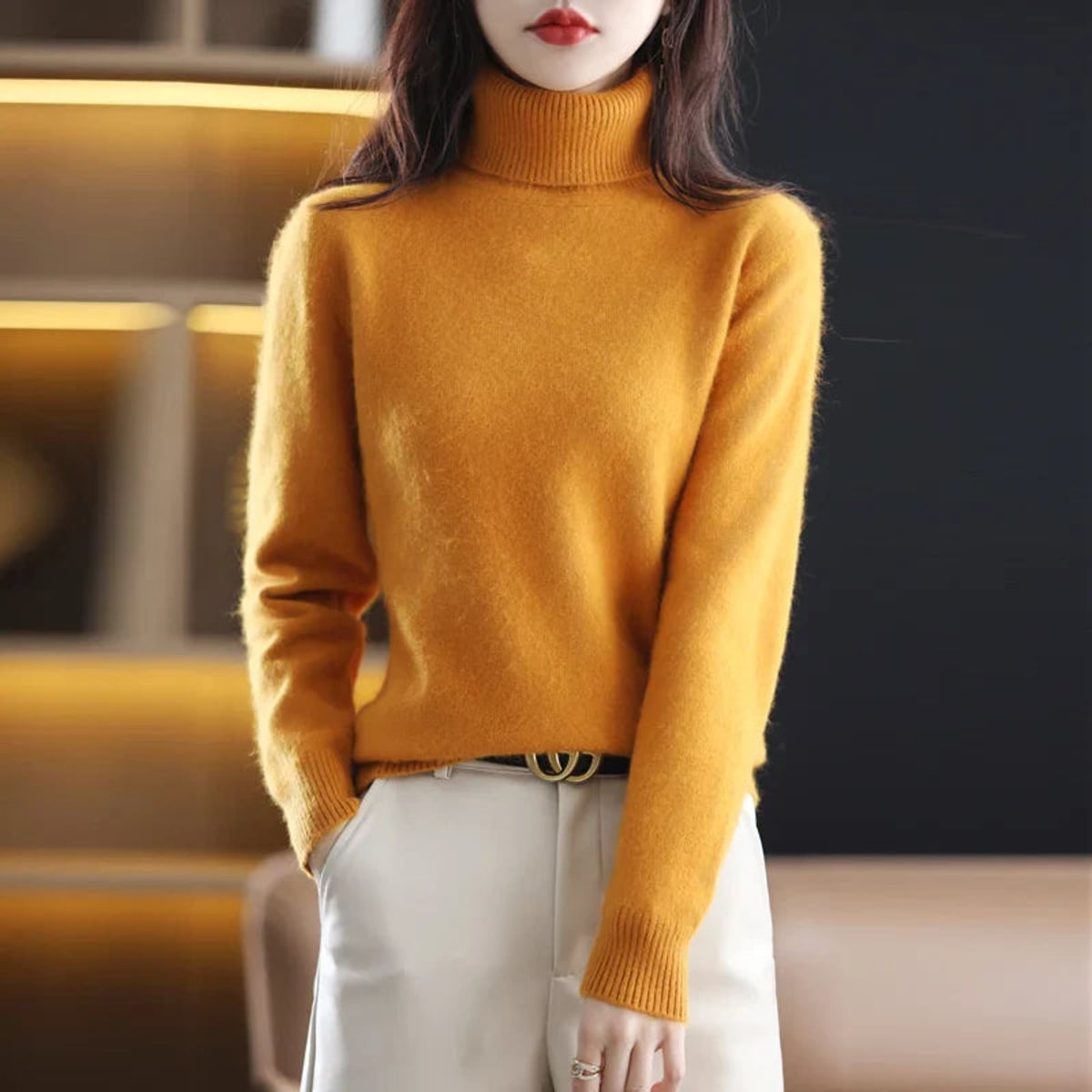 pull femme col roulé manches longues en orange