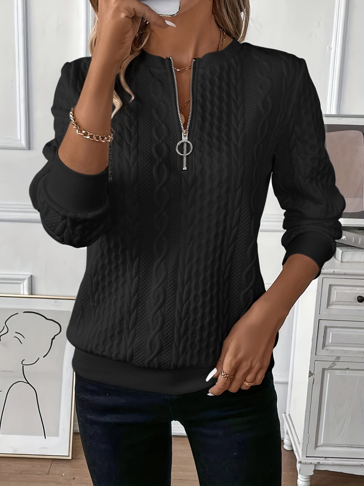 pull femme col zippé torsadé manches longues en noir