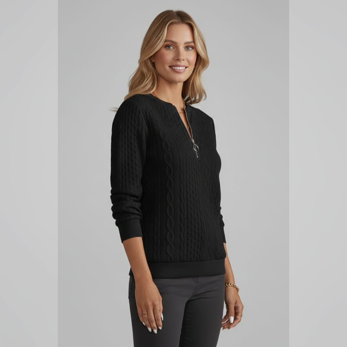 pull femme col zippé torsades