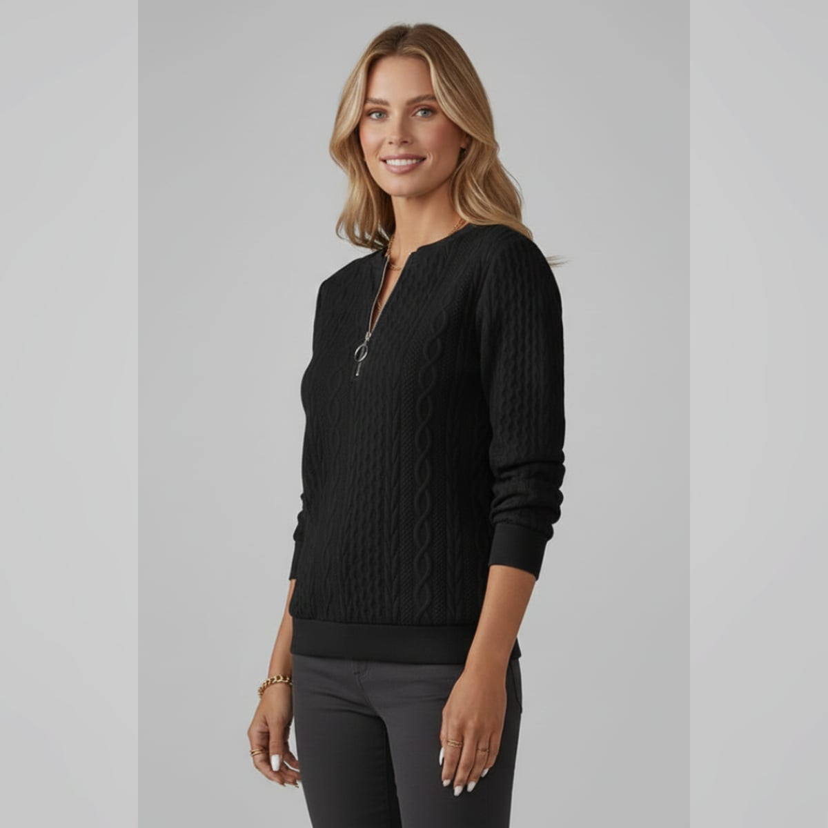 pull femme col zippé torsades