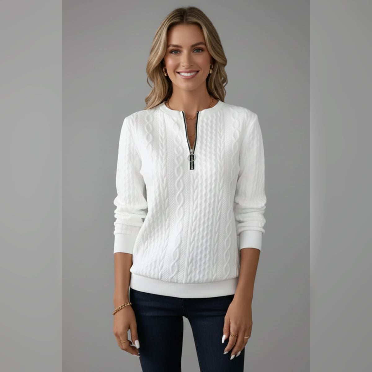 pull femme col zippé torsades en blanc