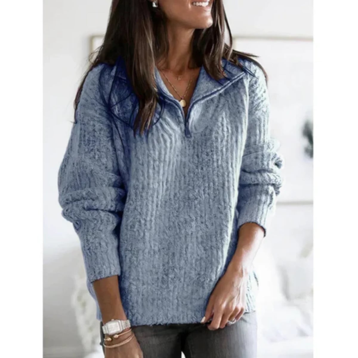 pull femme demi-zip col montant en bleu