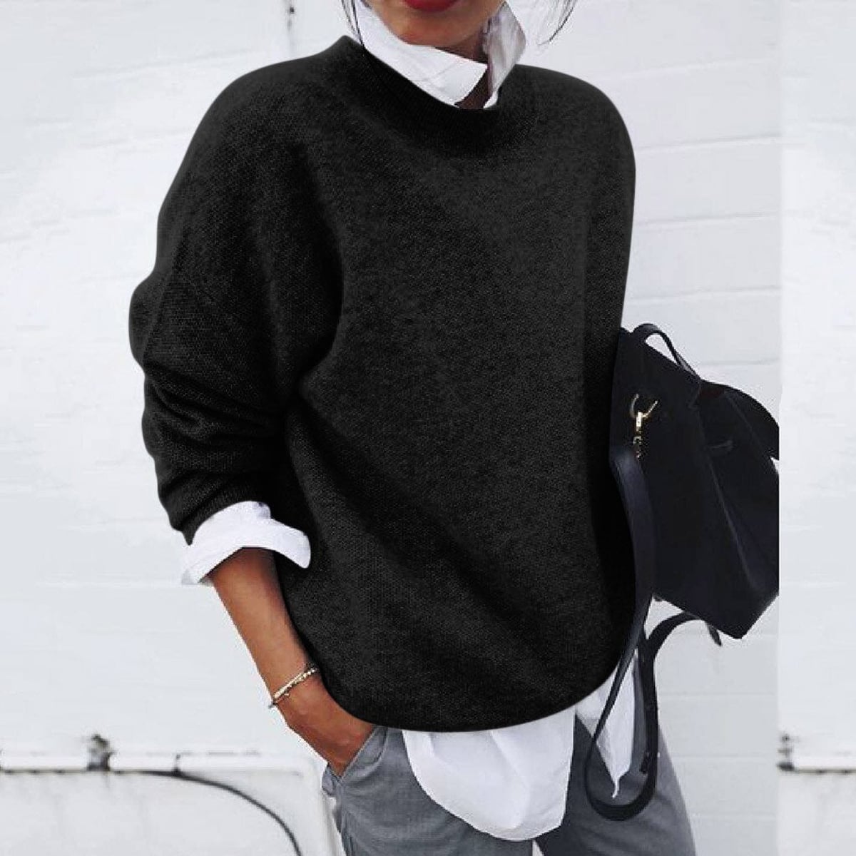 pull femme hiver oversize col rond en noir