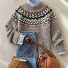 pull femme jacquard col rond manches longues en cendre clair mélangé