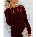 pull femme manches longues dentelle florale en rouge bordeaux