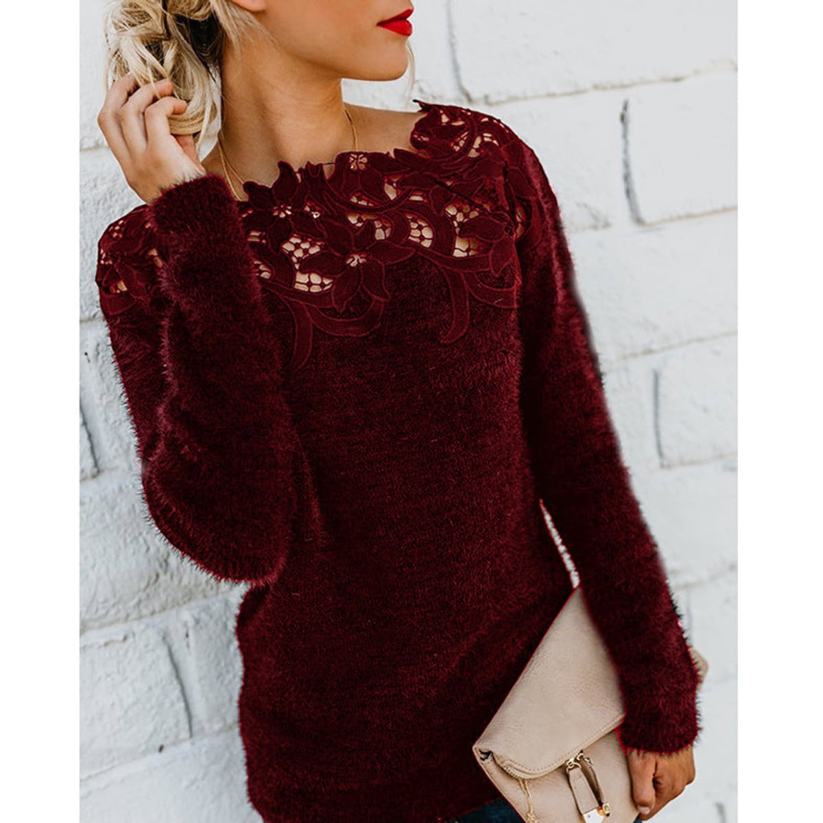 pull femme manches longues dentelle florale en rouge bordeaux