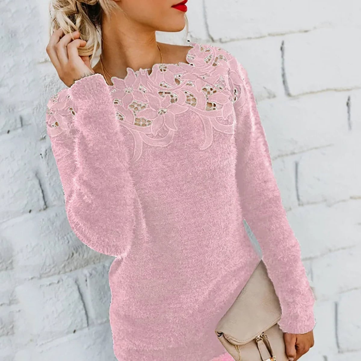 pull femme manches longues dentelle florale en rose