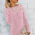 pull femme manches longues dentelle florale en rose