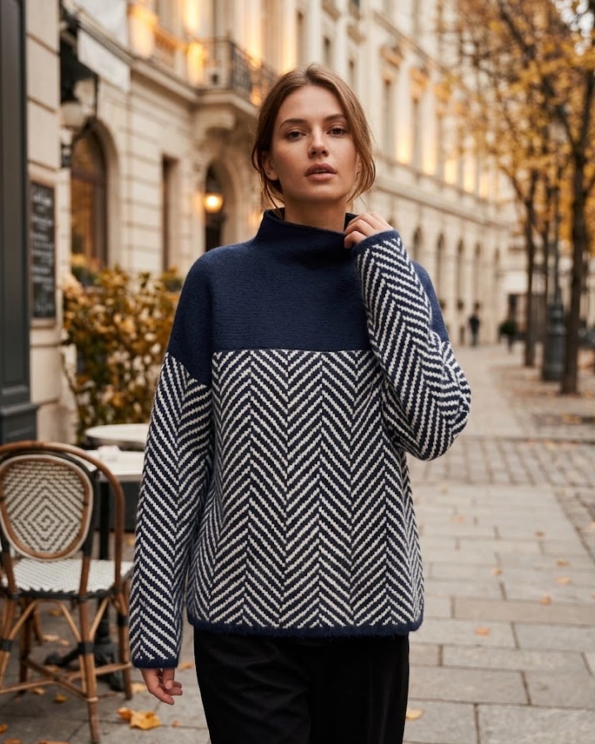 pull femme oversize col montant motif chevron en bleu