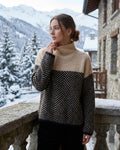 pull femme oversize col montant motif chevron en marron