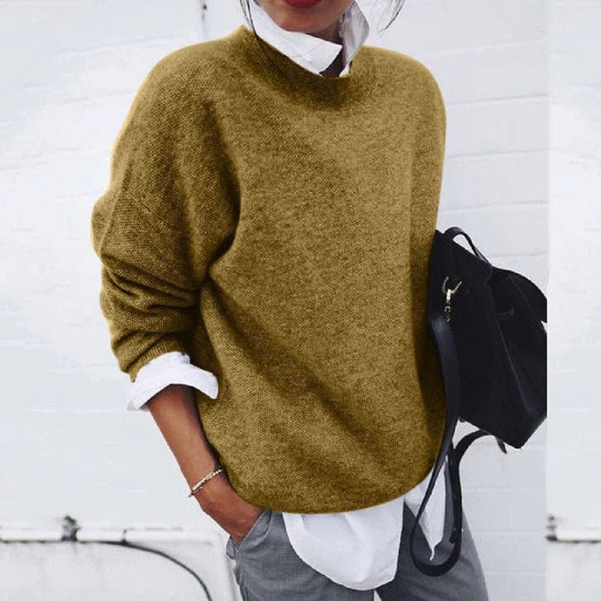 pull femme oversize col rond en kaki