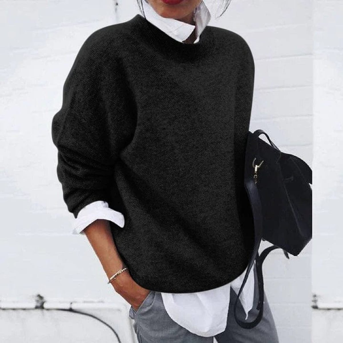 pull femme oversize col rond en noir