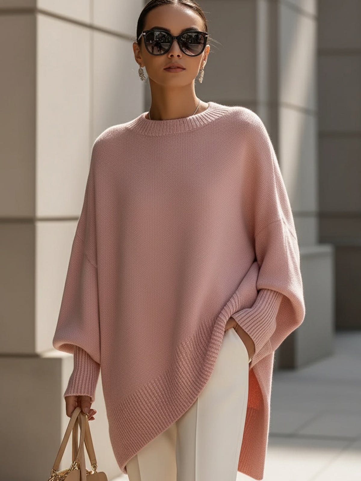 pull femme oversize col rond asymétrique en rose