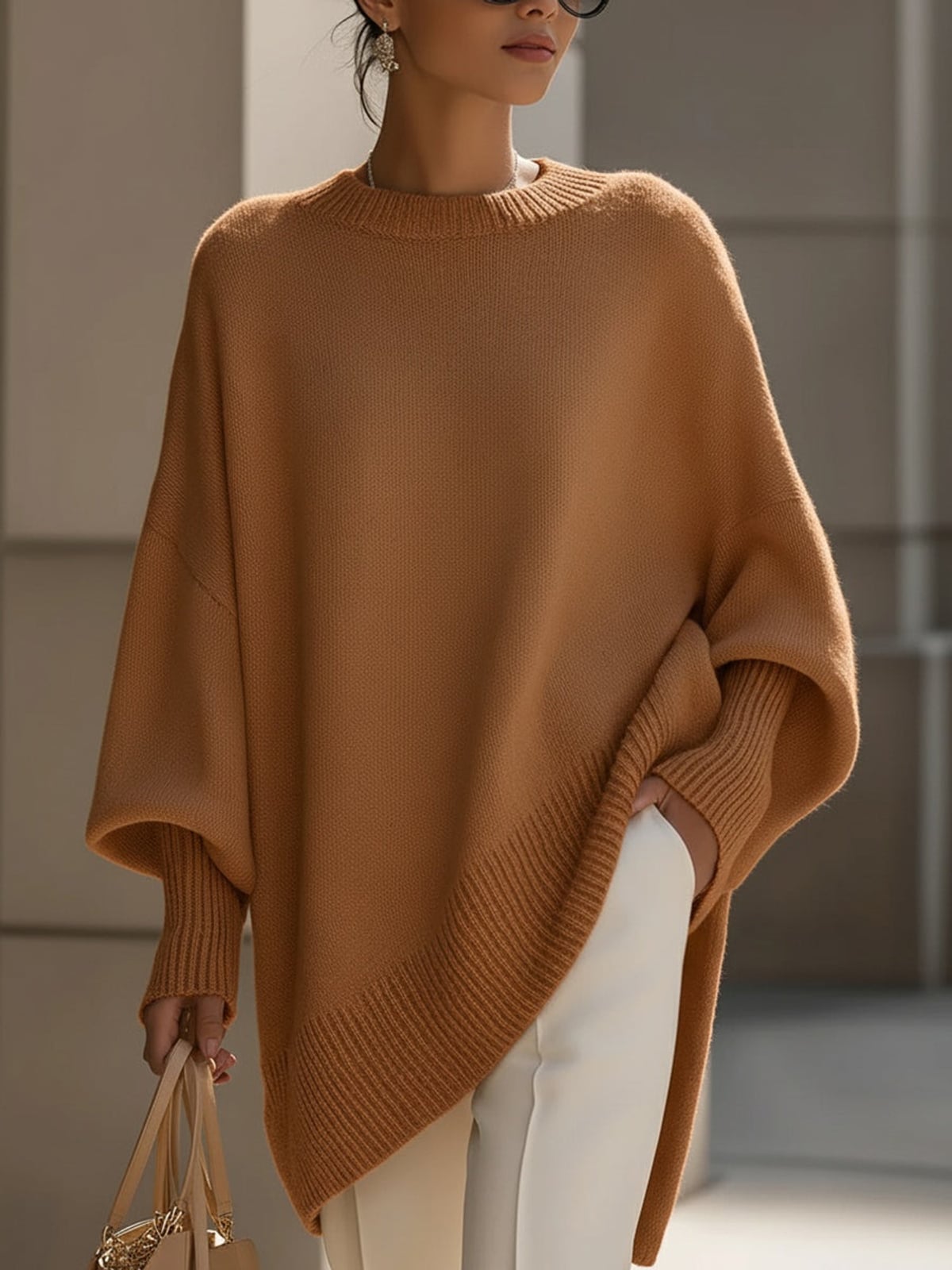pull femme oversize col rond manches chauve-souris en caramel