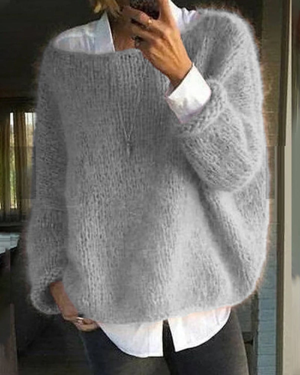 pull femme oversize col rond manches longues en gris