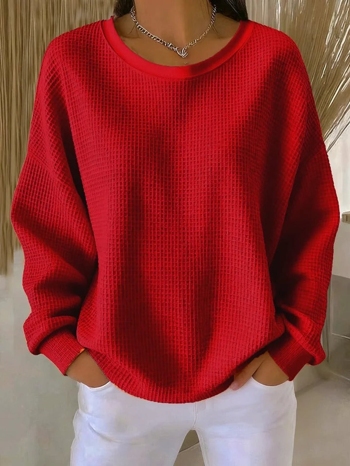pull femme oversize col rond texturé en rouge