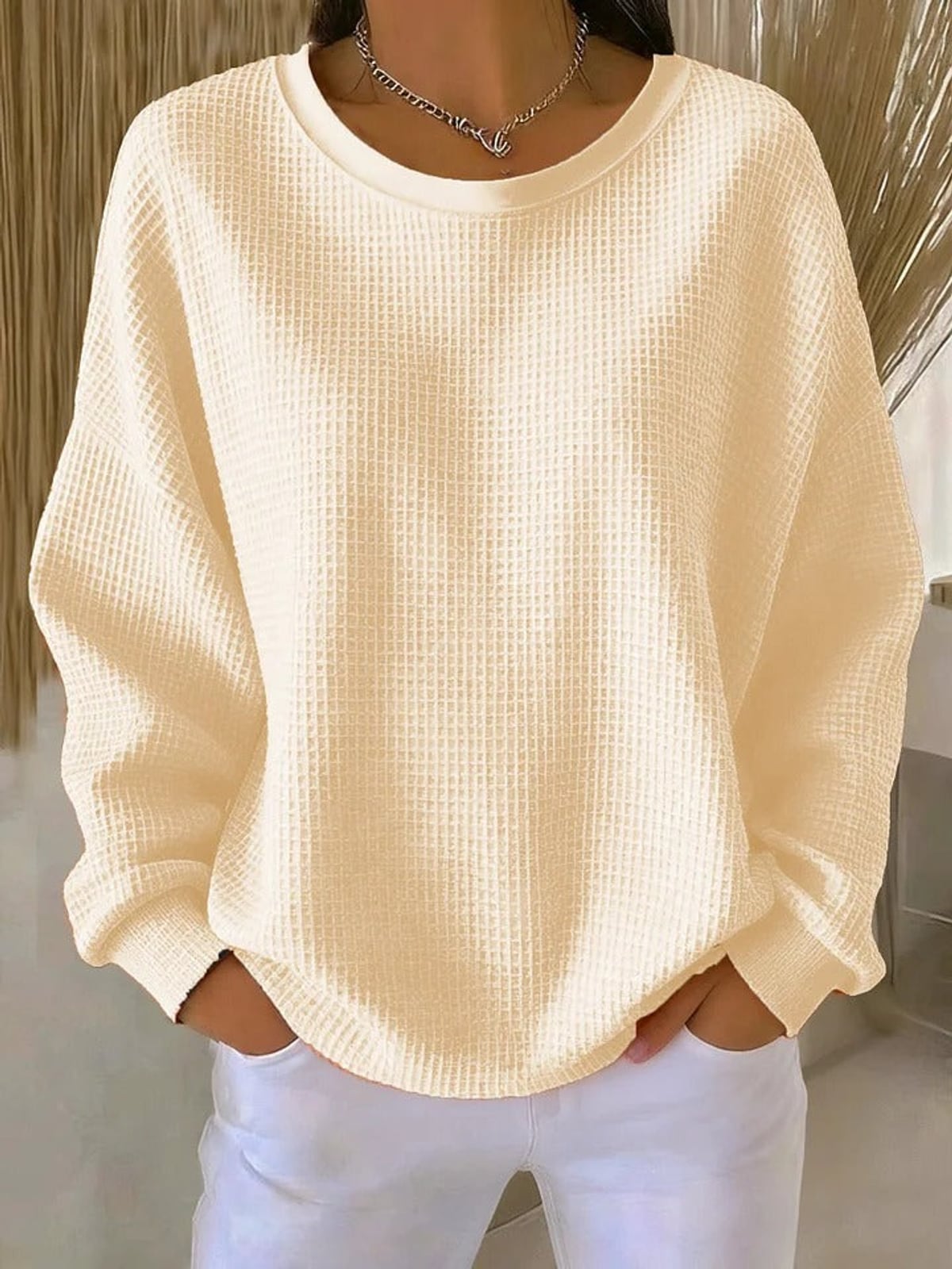 pull femme oversize col rond texturé en abricot