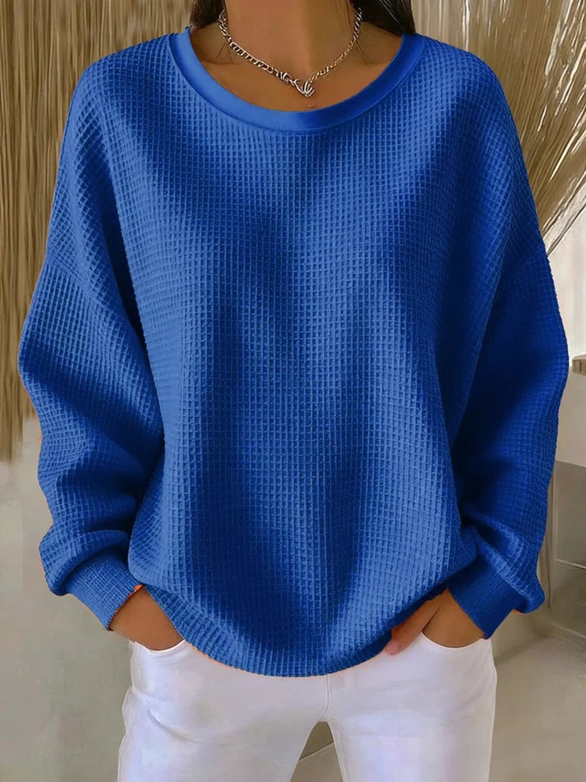 pull femme oversize col rond texturé en bleu