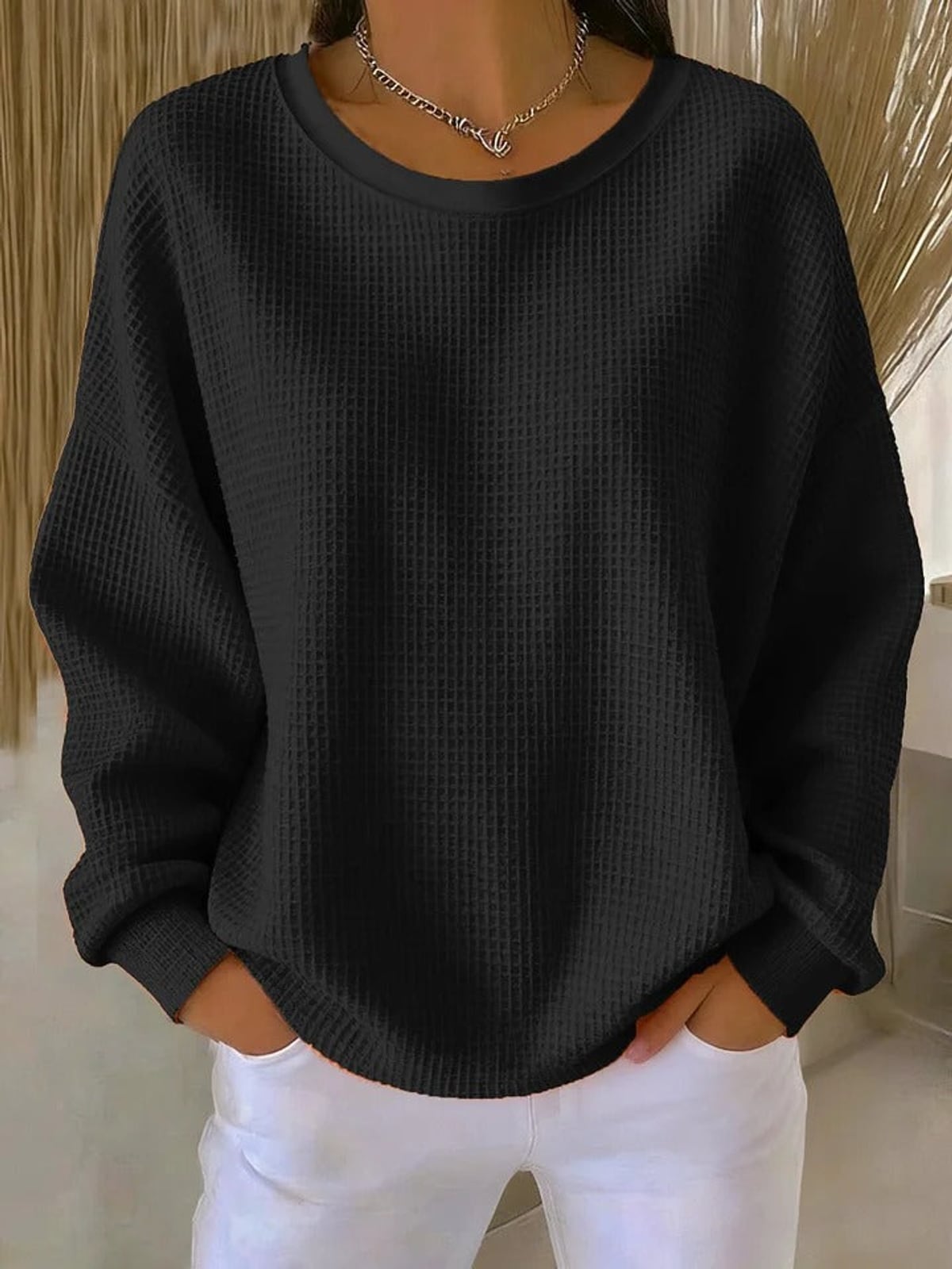 pull femme oversize col rond texturé en noir