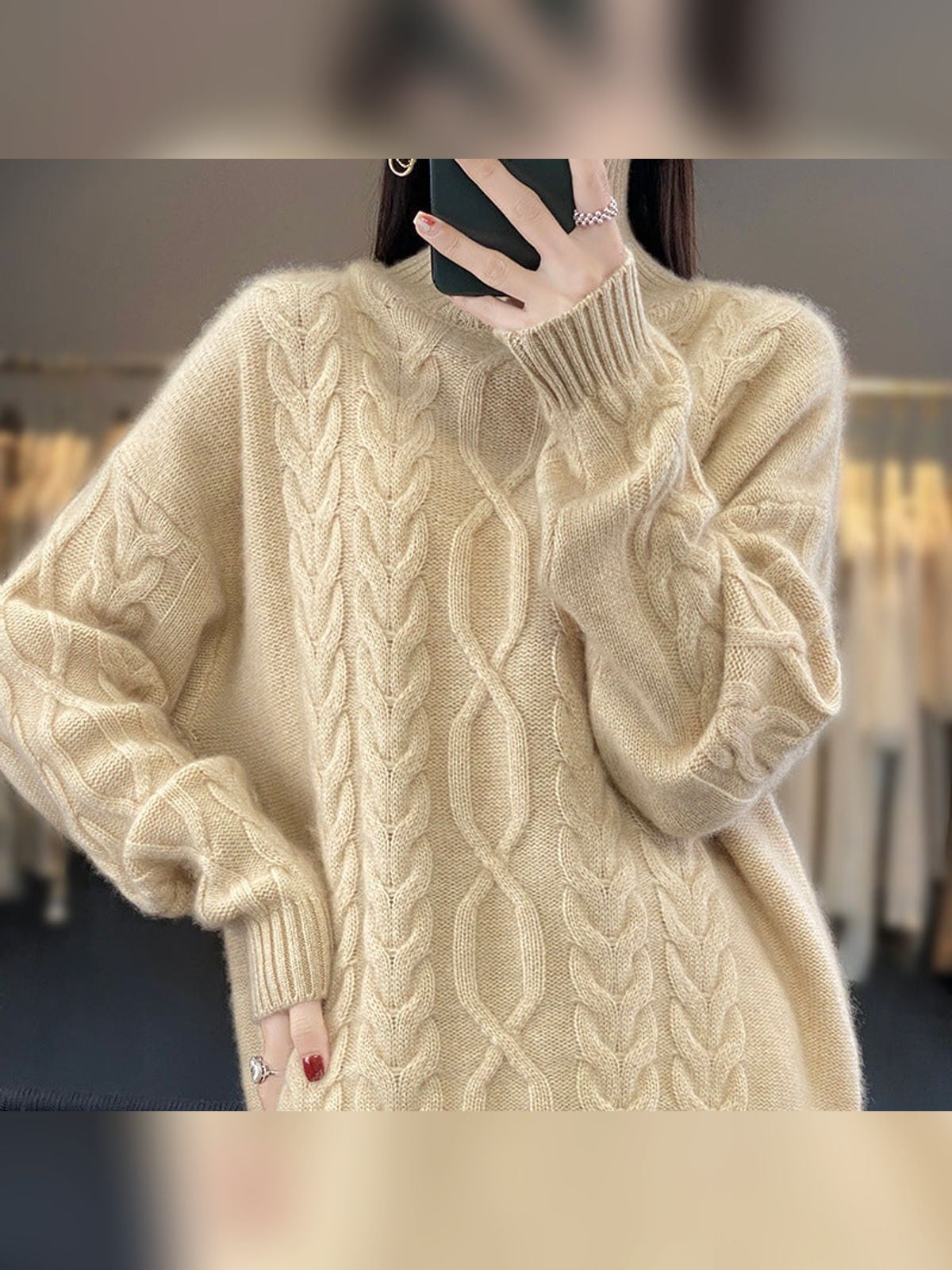 pull femme oversize col rond torsadé en beige naturel