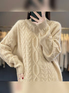 pull femme oversize col rond torsadé en beige naturel