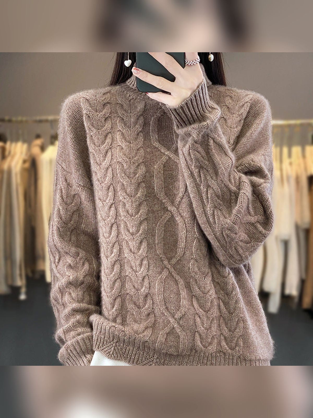 pull femme oversize col rond torsadé en camel naturel