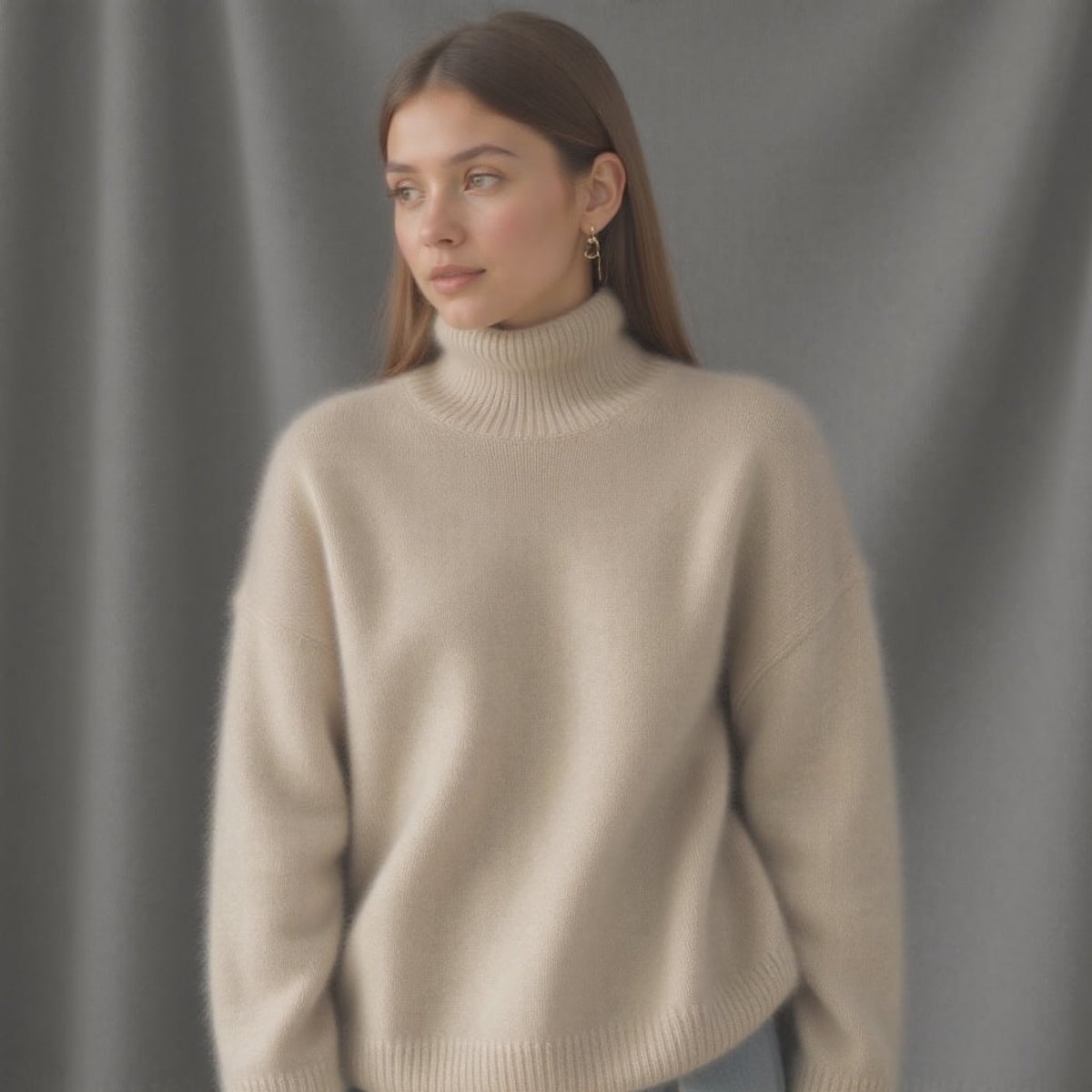 pull femme oversize col roulé beige