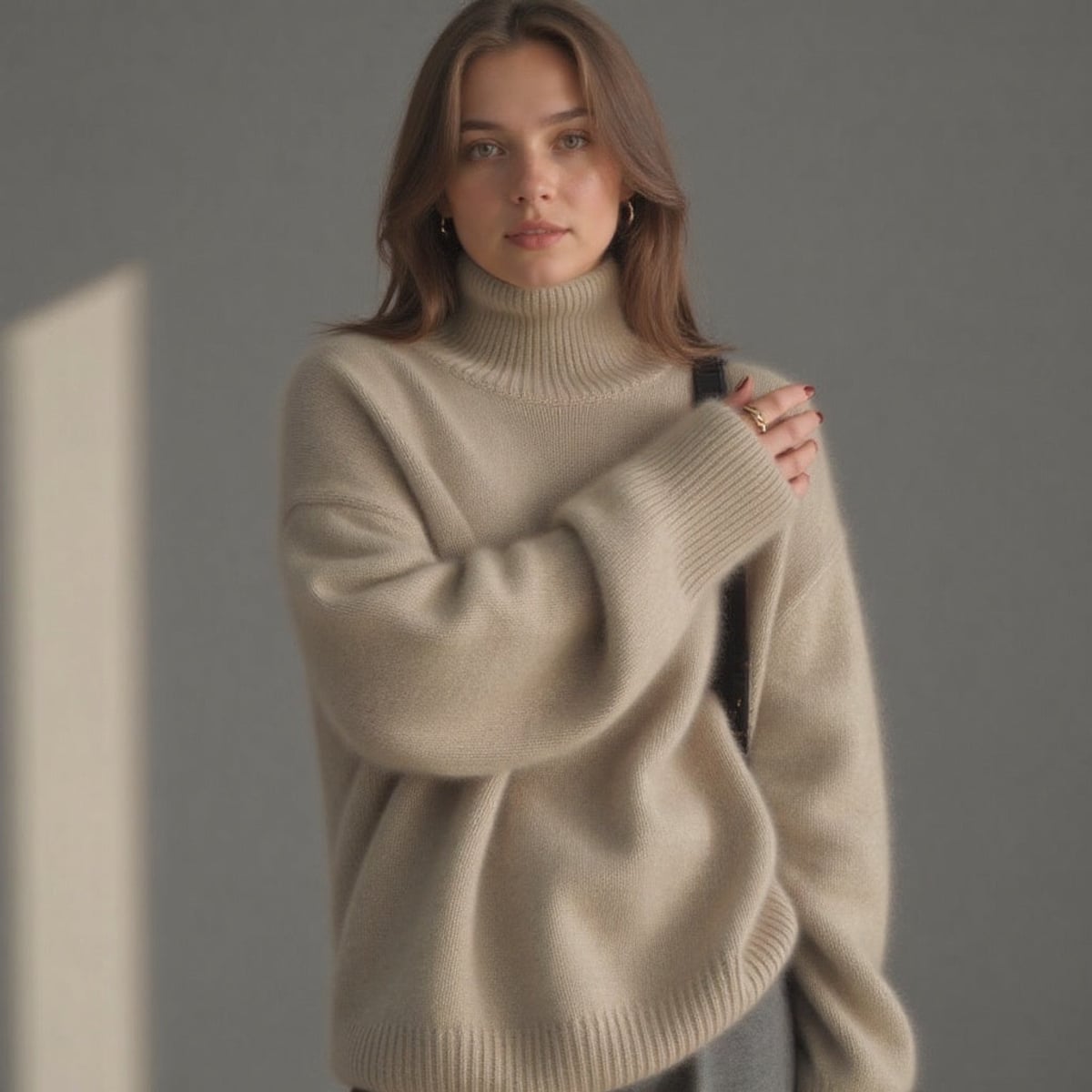 pull femme oversize col roulé en kaki