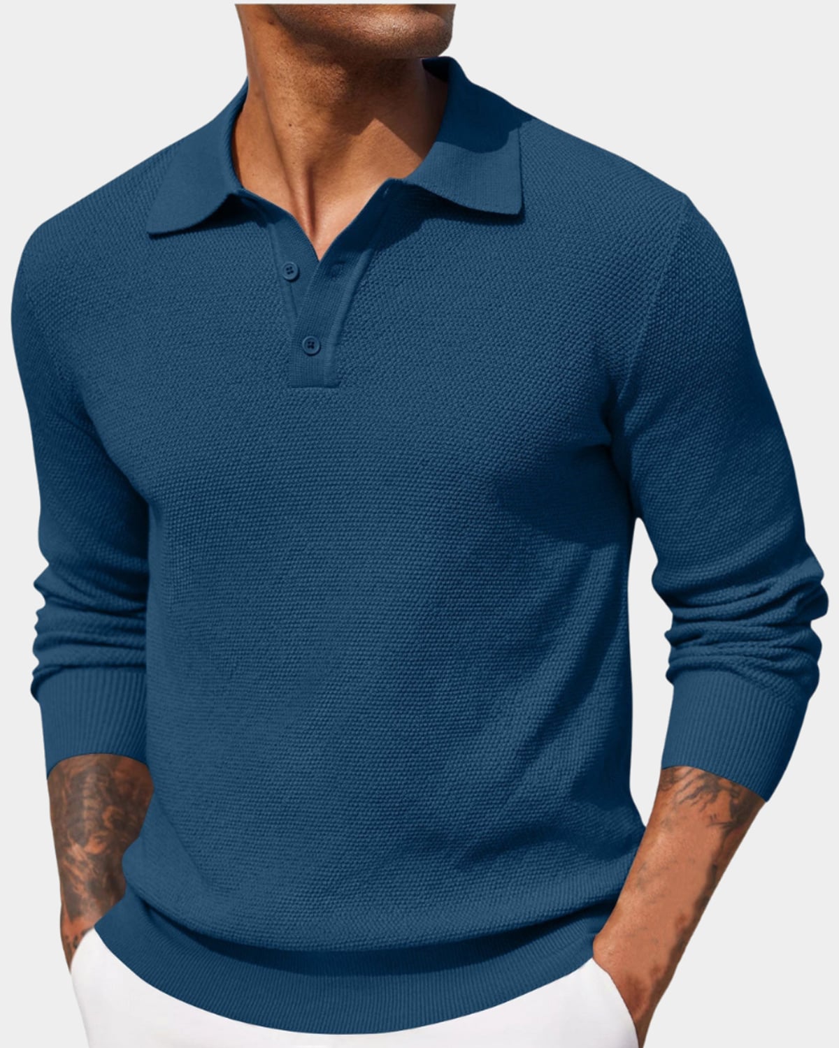 pull homme col polo manches longues en bleu