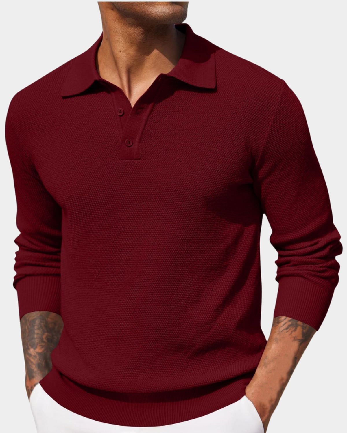 pull homme col polo manches longues en rouge