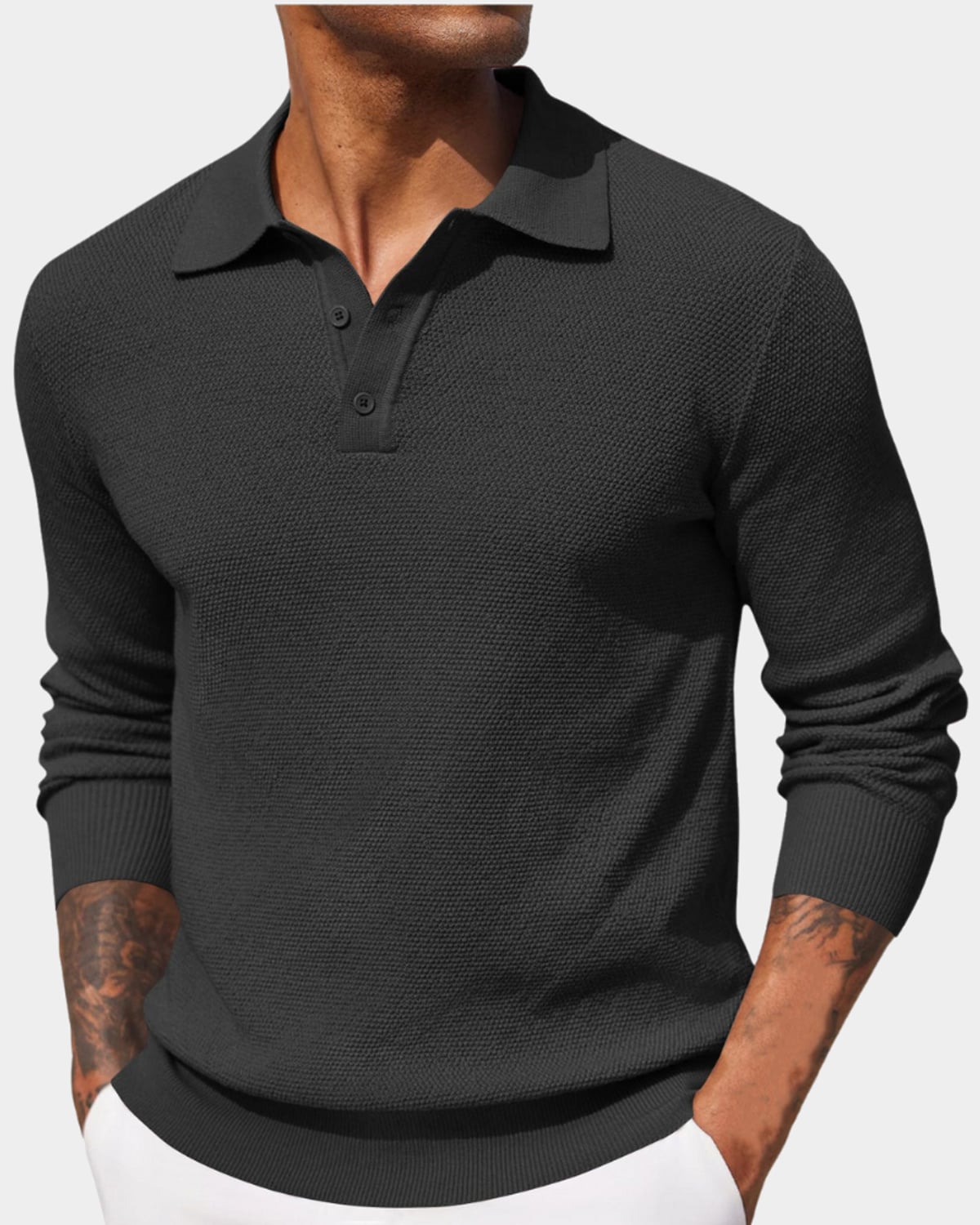 pull homme col polo manches longues en gris