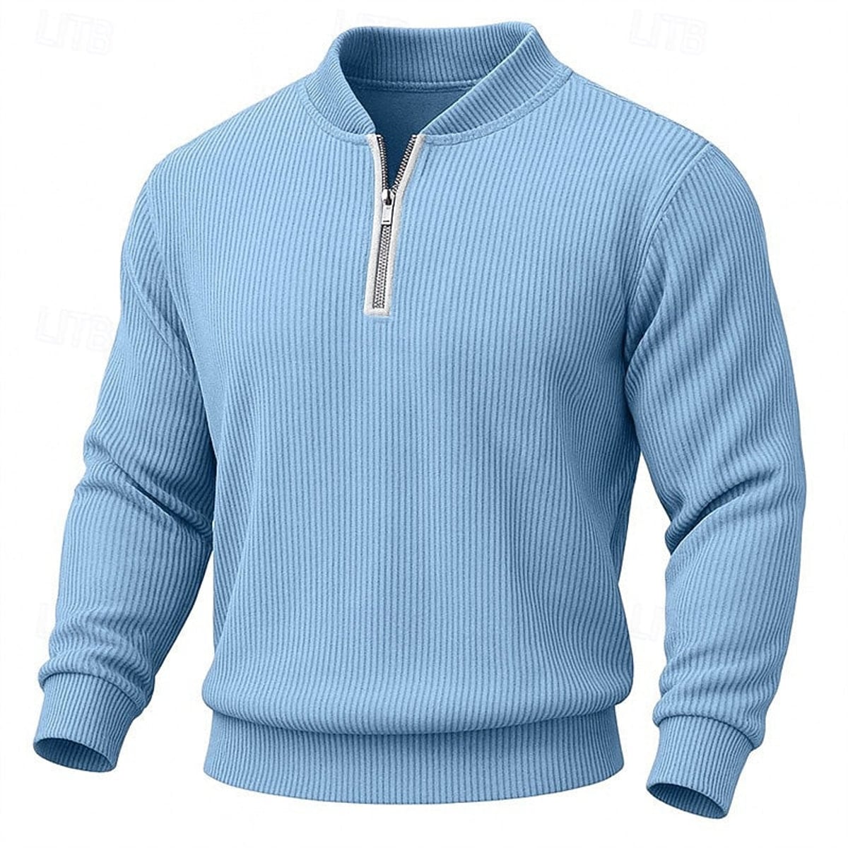pull homme col zippé côtelé en bleu clair