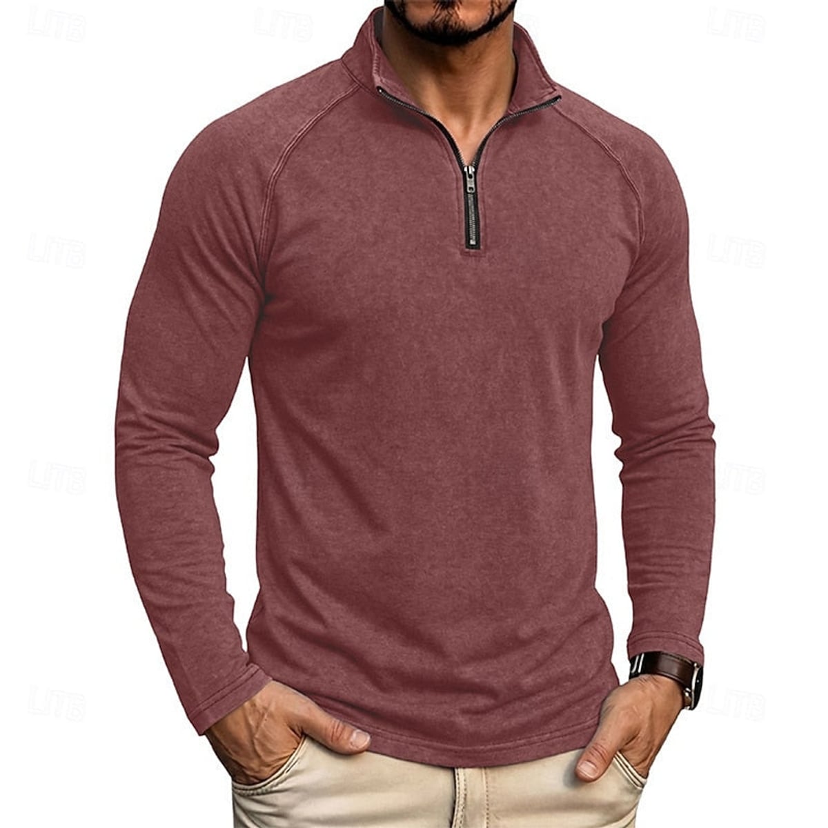 pull homme col zippé coupe décontractée en bordeaux