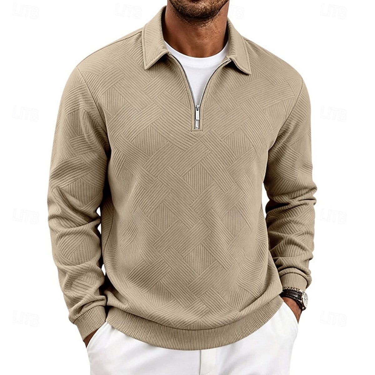 pull homme col zippé coupe régulière confort doux en kaki