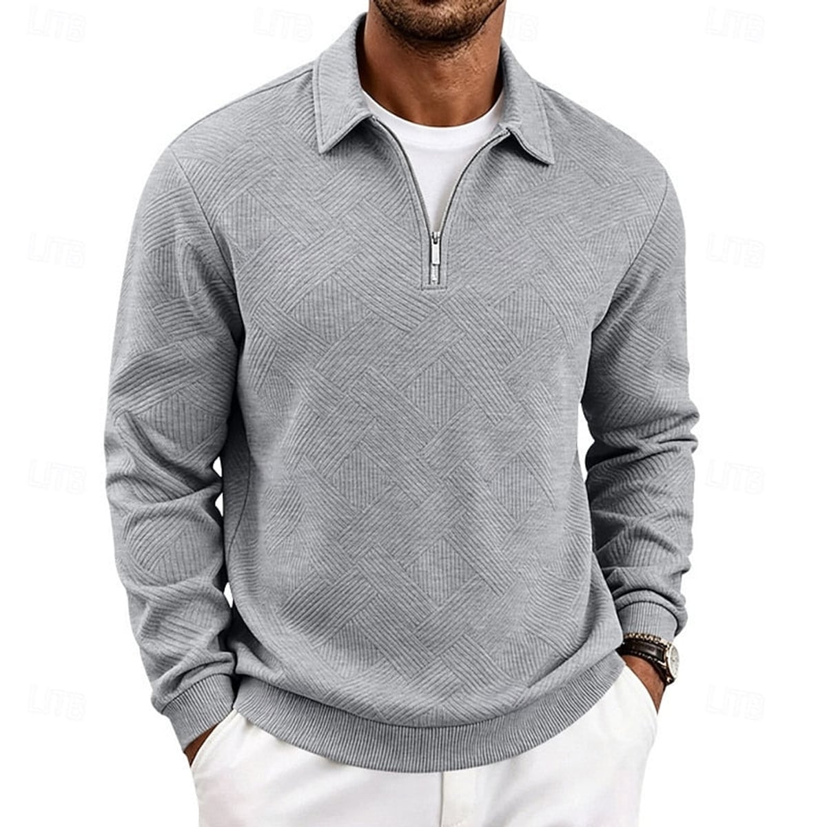 pull homme col zippé coupe régulière confort doux en gris clair